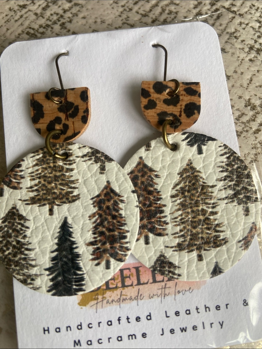 Handcrafted Brown Leather Feather Drop Earrings & Leopard/Fall Season Earrings - Picture 8 of 12